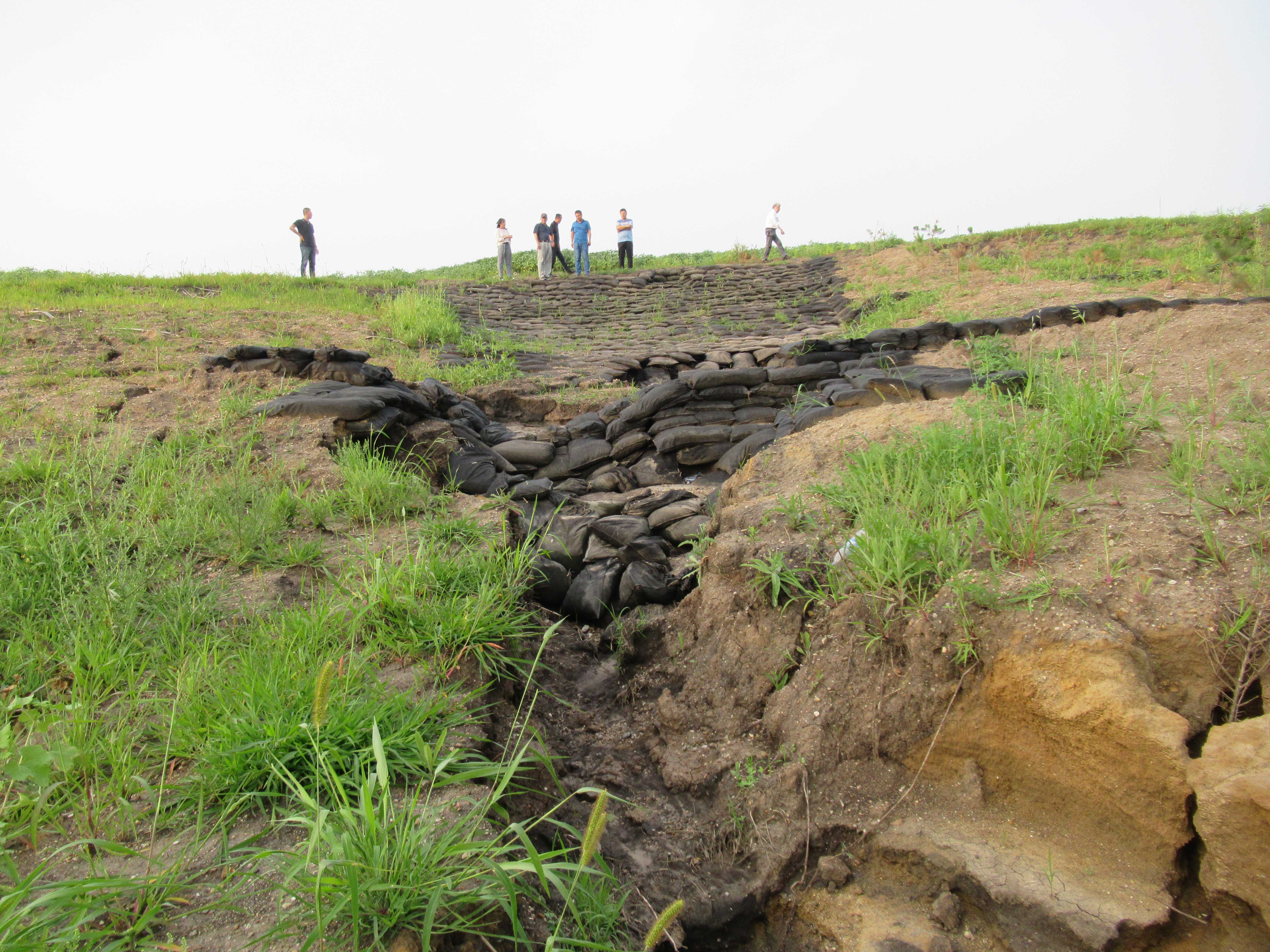 ガリ侵食と土のう積み堰堤の状況